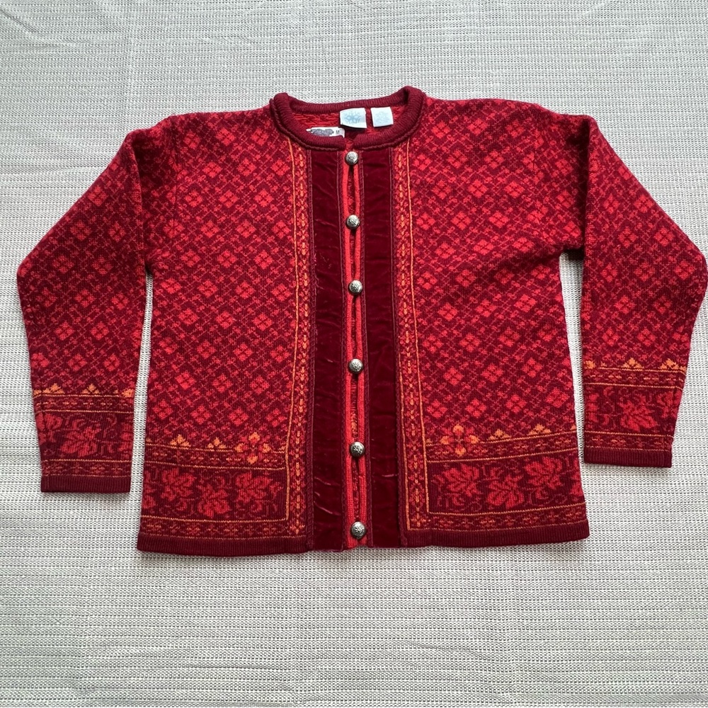 Nordic Design PM Wool Luxury Red Scandanavian Folk Floral Velvet Fantasy Sweater